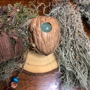 Op de afbeelding: Een decoratieve walnootschelp met een groen glazen oog, omringd door mos en gedroogde takken. De schelp is bevestigd aan een houten basis met een kralenketting.