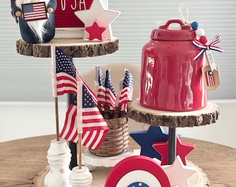 Decoración patriótica de bandejas escalonadas: bandera estadounidense, arcoíris 3D, bandera de huso