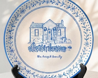 Personalized House Portrait Plate, Custom Family Name Ceramic Plate, Blue White Home Decor, Housewarming Gift, New Home Keepsake P420GBG0