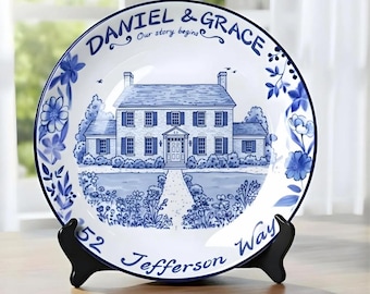 Custom House Portrait Plate, Blue and White Decorative Platter, Personalized Home Dish, Wedding Keepsake, Anniversary Family Gift D123DQK0