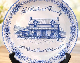 Personalized House Portrait Plate, Custom Home Illustration Ceramic Plate, Family Name Address Keepsake, Housewarming New Home Decor P54ZIG0