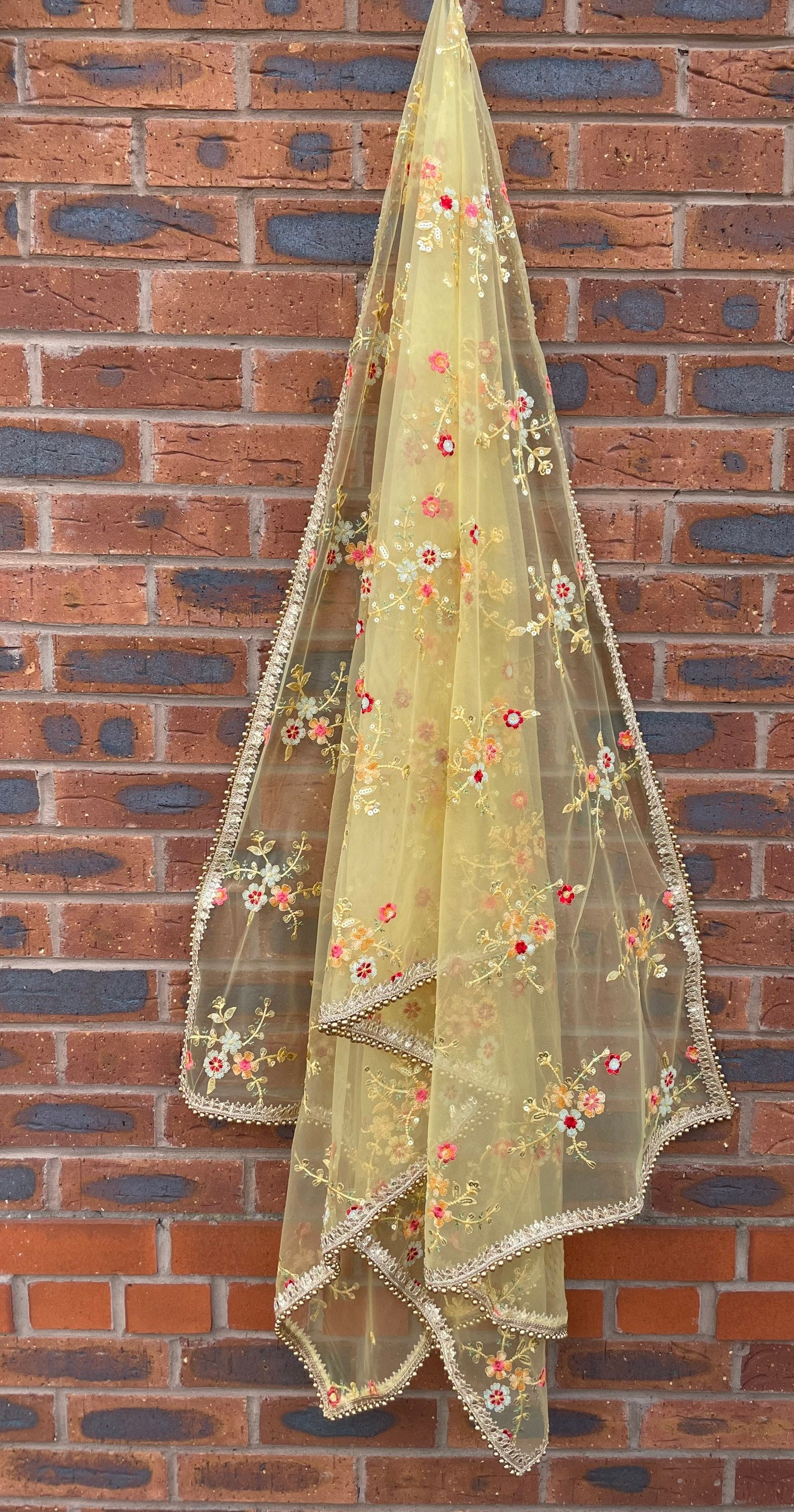 Yellow Embellished Net Dupatta with Sequinned main image 1