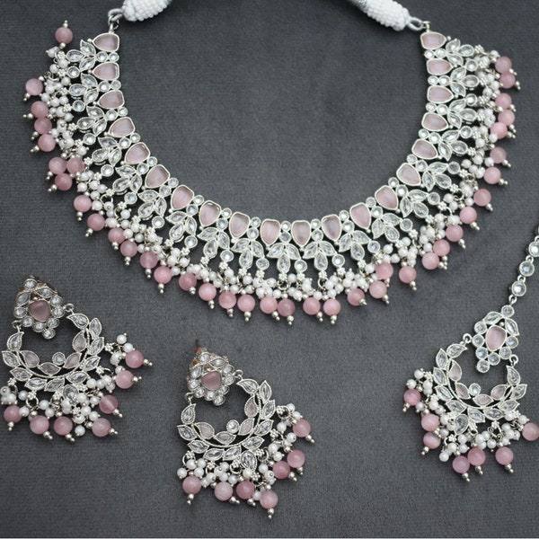 Pink and silver Indian necklace earring and tikka set