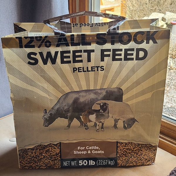 Recycled Upcycled Feed Bag Tote Market Bag 12% All Stock Sweet Feed Pellets