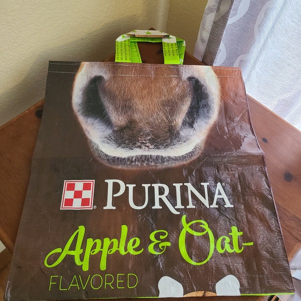 Recycled Upcycled Feed Bag Tote Market Bag Purina Apple Oat Horse Treats smaller size