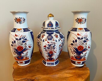 Set of Three Imari Porcelain Pieces With Flower Design, Octagonal Ginger Jar and Two Round Vases, Vintage Japanese Eiwa Kinsei Porcelain