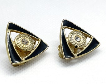 Vintage Driehoek Clipoorbellen, Zwart Emaille en Strassteen, Art Deco Stijl