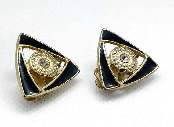 Vintage Triangle Clip-On Earrings, Black Enamel w… - image 1