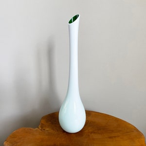White and Green Long-Neck Vase, Handblown Coloured Glass Made in Poland or Germany, Vintage Home Decor and Interior Design, Eyecatcher