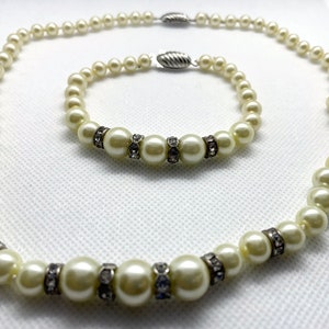 Set of Faux Pearl Necklace and Bracelet, Ornate Silver-Toned Clasp, Gift For Her