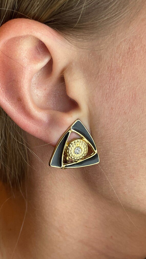 Vintage Triangle Clip-On Earrings, Black Enamel w… - image 5