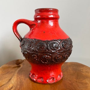 Unusual Bright Red and Black Ceramic Vase, Heavy Jug in Mid-Century Style, Reminiscent of West German Art Pottery