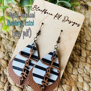 May include: A pair of brown, white, and black layered leather earrings with a wooden cross and the word "Hope" on each earring. The earrings are on a wooden display card with the text "Blackburn Rd. Designs" and "Digital Download Glowforge Tested (svg/pdf)".