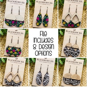 May include: Nine pairs of wooden earrings with different floral designs. The earrings are displayed on white cards with the text "Blackburn Rd. Designs". The text "File includes 8 Design Options" is displayed in the center of the image.