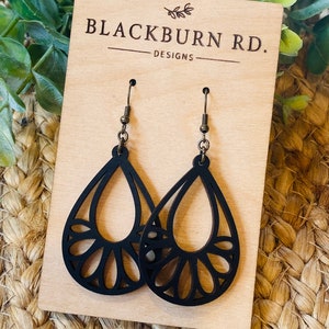 Intricate Teardrop Wooden Loop Dangles.