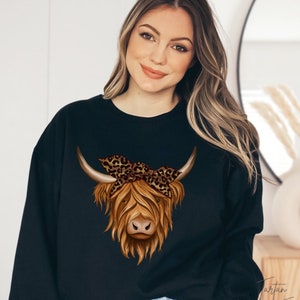 Highland Cow with Leopard Bandana Sweatshirt, Cow Shirt, Highland Cow Sweater, Country Western Farm Shirt, Animal Lover Gift, Cowgirl Shirt