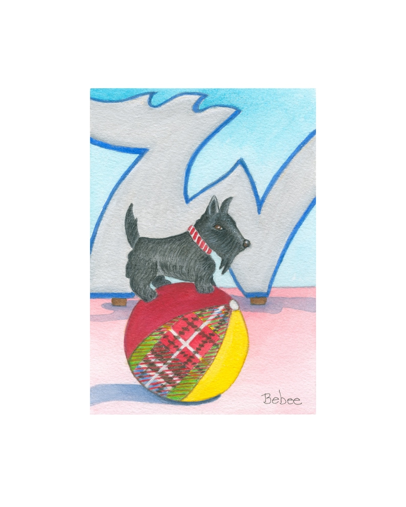 May include: Watercolor painting of a black Scottish Terrier balancing on a red, yellow, and plaid ball. The dog wears a red collar. The background features a blue and silver design. The artist's signature "Bebee" is in the bottom right corner.