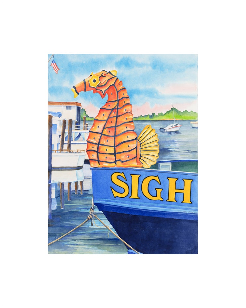 May include: Watercolor painting of a blue boat with the word "SIGH" in yellow letters. A large orange seahorse figure is mounted on the boat. The background shows a harbor scene with boats, docks, and a small American flag.