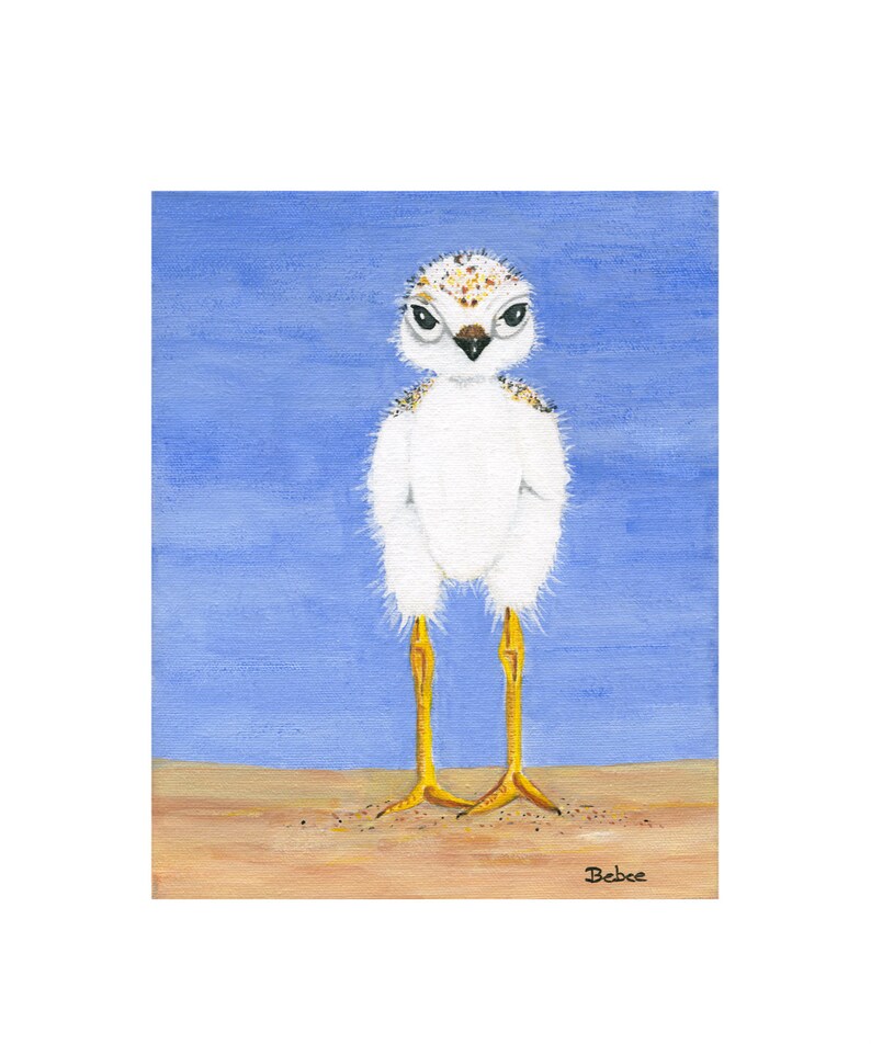 May include: A painting of a fluffy white bird with yellow legs and a speckled head. The bird stands on a sandy surface against a blue background. The artist's signature, "Bebee," is in the lower right corner.