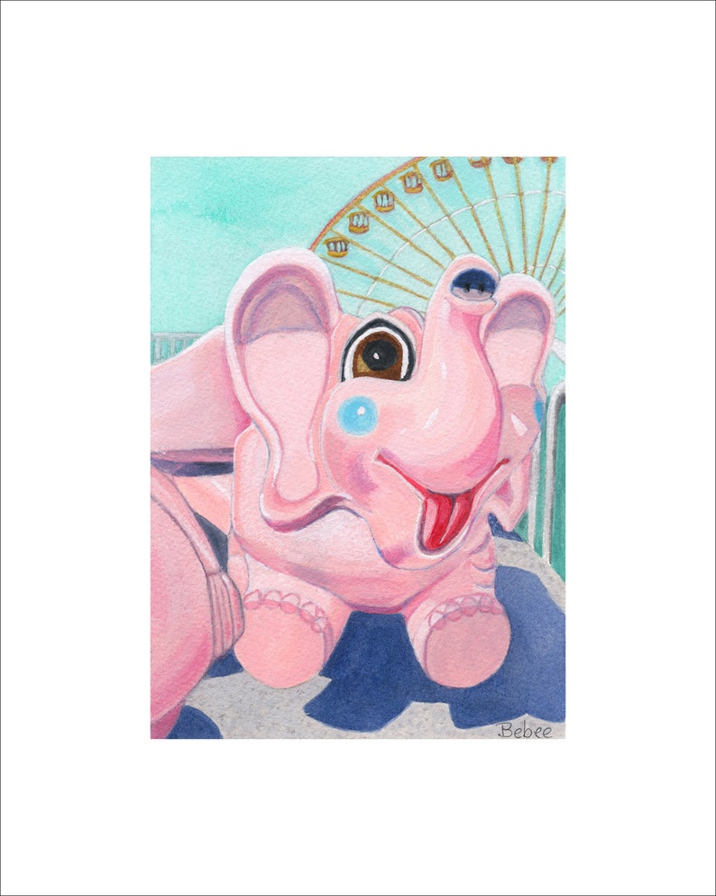May include: Watercolor painting of a pink elephant ride with a smiling face, blue cheek dots, and a red tongue. A Ferris wheel is in the background against a light blue sky. The artist's signature, "Bebee", is in the bottom right corner.