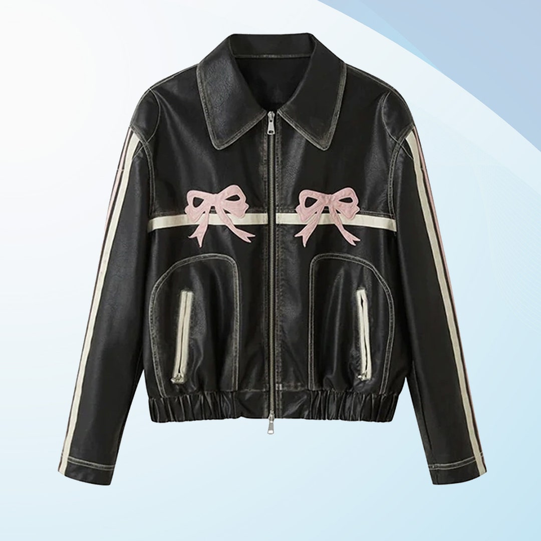 Womens Striped Black Oversized Bow Genuine Leather Jacket Handmade