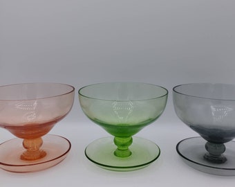 vintage x3 Coloured Glass Sundae Dishes Harlequin Glass Footed Bowls 1950s