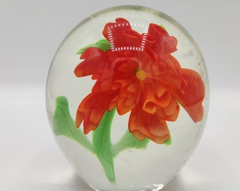 Vintage Glass Art Paperweight Orange Flower Desk Office Gift Accessory No Bubbles