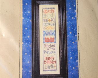Lizzie Kate Happy birthday Earth cross stitch chart with buttons and charms