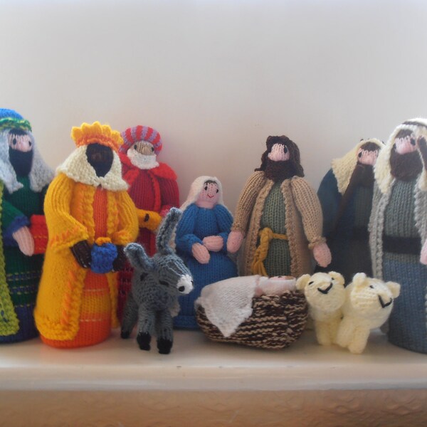 Hand Knitted Nativity Scene with Donkey and Two Sheep