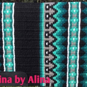 Wool Saddle blanket and saddle Pad in black base mint, teal and white - Size 34×42