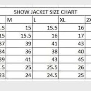 May include: A size chart for jackets, showing measurements in inches for collar, shoulder width, bust, waist, hip, sleeve length, and back body length. Sizes range from 2XS to 6XL.