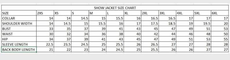 May include: A size chart for jackets, showing measurements in inches for collar, shoulder width, bust, waist, hip, sleeve length, and back body length. Sizes range from 2XS to 6XL.