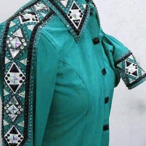 Teal base stretched lycra Shirt with Teal and copper work in cuff and coller (Hidden Zipper With Flap- Snaps)