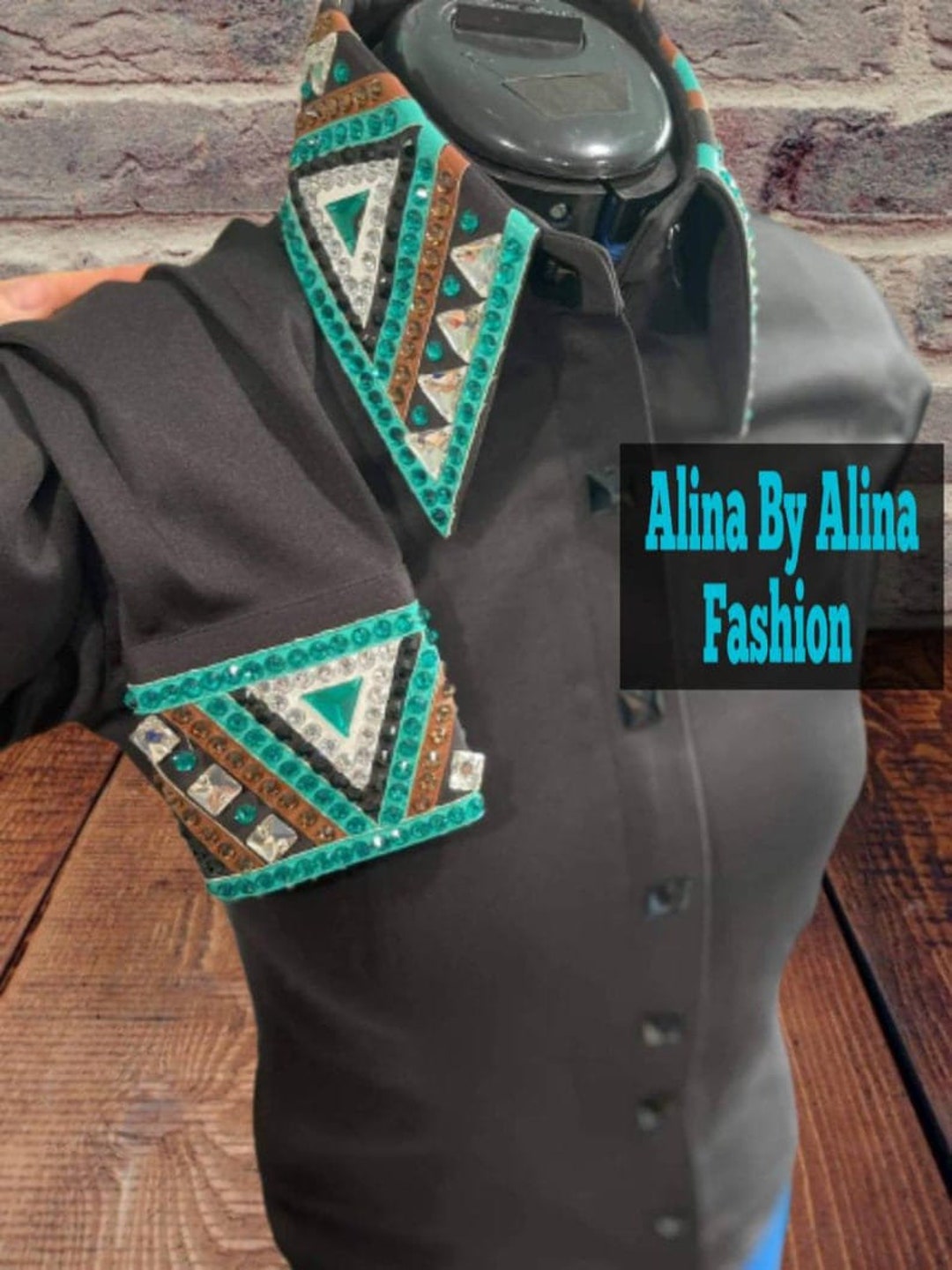 Black Base Stretched Lycra Shirt With Mint and Copper Work in Cuff and ...