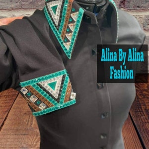 Black Base Stretched lycra Shirt with Mint and Copper work in Cuff and Collor ( Hidden Zipper With Flap - Snaps)