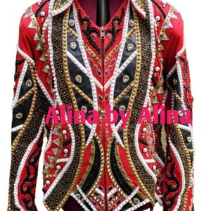 Red base with black and clear Western Custom Rodeo queen showmanship jacket with Glass stone embellishments