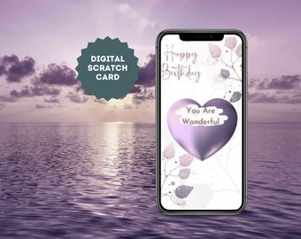 eCard Digital Birthday Scratch Off Card with violet heart and Custom Text as Surprise, Scratch Off Ticket for email, text or messenger