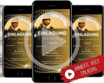 Animierte Party Video Einladung zum Geburtstag zu Wine & Dine für WhatsApp, Email, Messenger