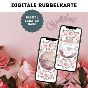Carte à gratter numérique pour le classique des demoiselles d'honneur avec des roses comme billet à gratter, carte à gratter, billet porte-bonheur par e-mail sur les réseaux sociaux WhatsApp