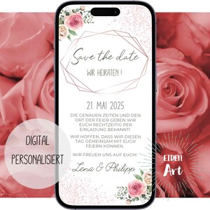 eCard Digitale Save The Date Karte Boho Rosen zur Hochzeit Einladung Party WhatsApp Karte