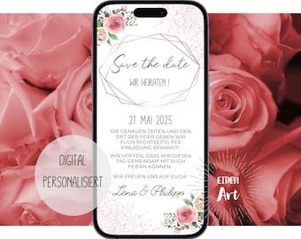 eCard Digital Save The Date Card Boho Roses for Wedding Invitation Party WhatsApp Card