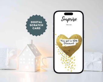 eCard Digital scratch card as a personalized surprise with a golden heart and desired text, a scratch card to send online