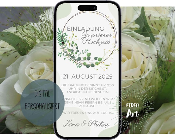 eCard Digitale Einladungskarte zur Hochzeit Eukalyptus Einladung Party WhatsApp Karte
