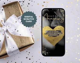 eCard Digital skraplott för årsdagar, jubileer eller födelsedagar med personlig text och ett gyllene hjärta, tillgänglig som skraplott eller onlinekupong