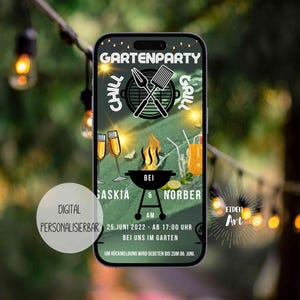 eCard Digitale uitnodiging voor tuinfeest, barbecuefeest, BBQ-feest als gepersonaliseerde uitnodigingskaart voor online verzending via WhatsApp