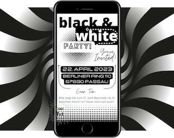 eCard Digital Invitation Card Black White Party Birthday Invitation WhatsApp Card