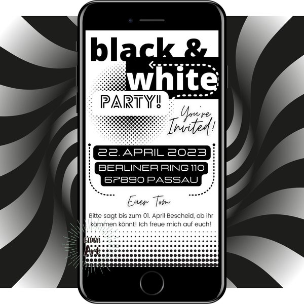 eCard Carte d’invitation numérique Noir Blanc Invitation d’anniversaire Carte WhatsApp