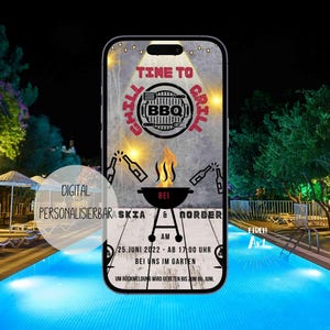 eCard BBQ グリル パーティー、ガーデン パーティー、パーティーへのデジタル招待状を、WhatsApp 用にオンラインで送信できるカスタマイズ可能な招待状として作成します。
