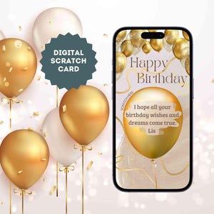 eCard Gratta e vinci digitale come regalo di compleanno con palloncino dorato e testo desiderato come gratta e vinci online per WhatsApp, ecc.