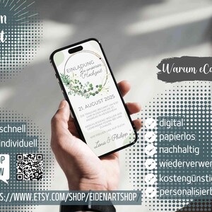 May include: A smartphone displaying a digital wedding invitation with a green floral wreath design. The text on the invitation reads "Einladung zu unserer Hochzeit" and "21. August 2025". The invitation also includes the names "Lena & Philipp". The image also includes the text "Warum eCards?" and a list of benefits of using digital invitations, including "digital", "papierlos", "nachhaltig", "wiederverwendbar", "kosteng&uuml;nstig", and "personalisierbar".